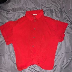 Red cropped button up collared shirt
